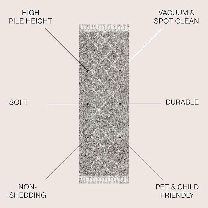 JONATHAN Y Mercer Shag Plush Tassel Gray/Cream Runner Rug, 2x8, Moroccan Geometric Trellis, Bohemian, Easy-Cleaning for Living Room, Bedroom, Kitchen, Pet Friendly, Non-Shedding (MCR103C-28)