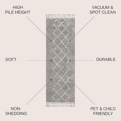 JONATHAN Y Mercer Shag Plush Tassel Gray/Cream Runner Rug, 2x8, Moroccan Geometric Trellis, Bohemian, Easy-Cleaning for Living Room, Bedroom, Kitchen, Pet Friendly, Non-Shedding (MCR103C-28)