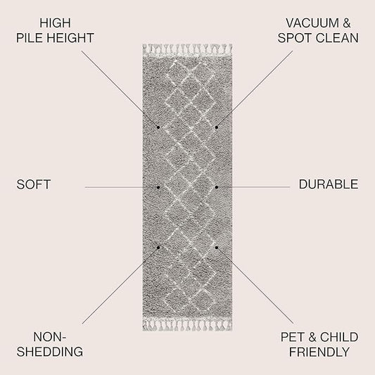 JONATHAN Y Mercer Shag Plush Tassel Gray/Cream Runner Rug, 2x8, Moroccan Geometric Trellis, Bohemian, Easy-Cleaning for Living Room, Bedroom, Kitchen, Pet Friendly, Non-Shedding (MCR103C-28)