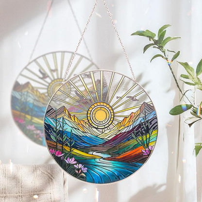 Sun Mountains Stained Glass Window Hanging Suncatcher – 9.9” Sun Catcher Glass Panel with Chain, Hand-Painted Round Glass Art, Gift for Women Mother's Day Christmas