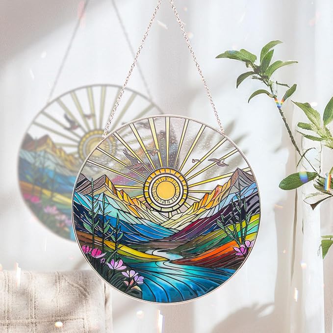 Sun Mountains Stained Glass Window Hanging, Sunrise & Sunset Design, Round Stained Glass Sun Catcher Window Hanging Decor, Handcrafted Art Panel for Indoor/Outdoor Light Catchers, Home Gifts (6inch)