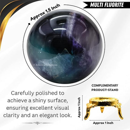 Amazing Gemstone Fluorite Crystal Ball with Stand - 1.5 Inches Crystal Sphere Meditation Balls for Witchcraft and Decorative Balls