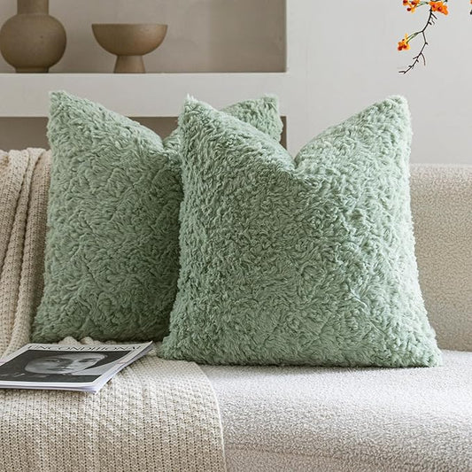Neelvin Set of 2 Faux Fur Throw Pillow Covers 20x20 Inch Sage Green Cozy Soft Solid Decorative Pillowcases Thick Plush Sheepskin Cushion Case for Chair and Couch Sofa Bedroom