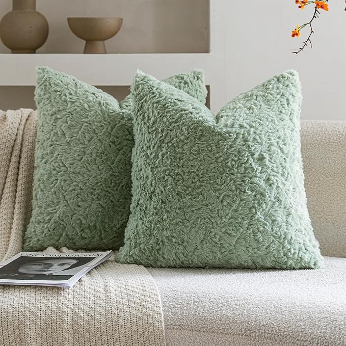 Neelvin Set of 2 Faux Fur Throw Pillow Covers 16x16 Inch Sage Green Cozy Soft Solid Decorative Pillowcases Thick Plush Sheepskin Cushion Case for Chair and Couch Sofa Bedroom