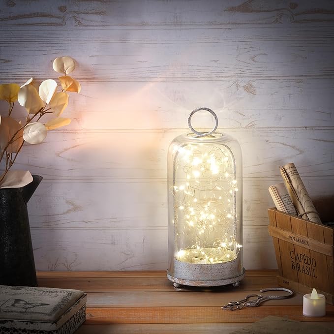 12" High Versatile Modern Metal Hurricane Lantern with Handmade Sturdy Glass Dome in Shabby White for Pillar Candle & Plants, Industrial, Farmhouse (White Shabby, 5"x12")