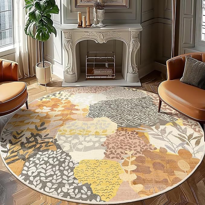 DEXDE Large Round Rug 9ft Washable Circle Area Rugs Non Slip Low Pile Boho Floral Circular Carpet for Bedroom Bathroom Entryway Kids Room Office Dining Room,Camel