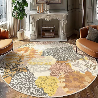 DEXDE Large Round Rug 9ft Washable Circle Area Rugs Non Slip Low Pile Boho Floral Circular Carpet for Bedroom Bathroom Entryway Kids Room Office Dining Room,Camel