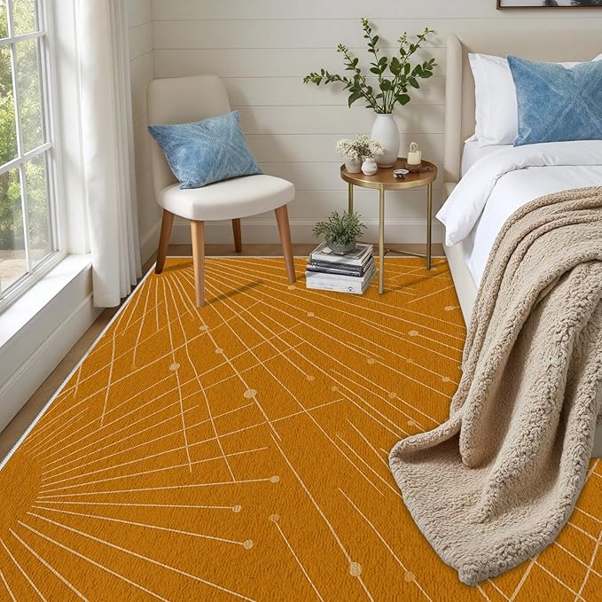Modern Washable Area Rug 4x5, Boho Minimalist Non-Slip Rugs, Abstract Striped Soft Carpet for Living Room Bedroom Nursery Room Home Decor Office, Pet Friendly, Orange Beige