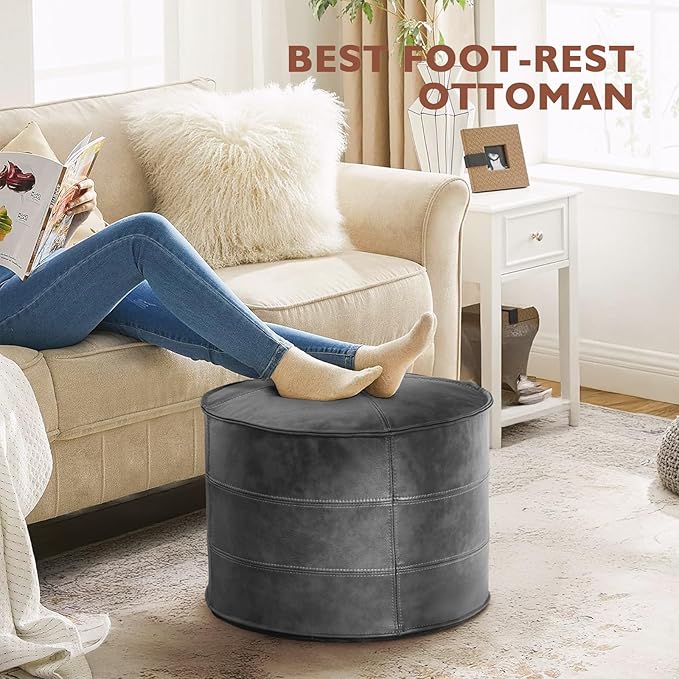 Leather Ottoman,Handmade Stuffed Square Ottoman,Genuine Leather Pouf, Foot Rest Pouf,Comfortable Soft Seating for Living Room & Bedroom (Grey, Round)