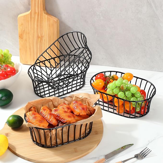 4 Pcs Wire Bread Basket 8.5 x 5.5 Inch Oblong Black Iron Wire Baskets for Serving Fast Food Fruit Burger Fries Hot Dog Kitchen Picnic Barbecue Party