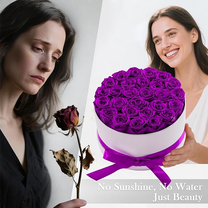 27 Forever Roses in Luxury White Box, Eternal Real Roses Birthday Gifts for Women, Preserved Flowers for Delivery Prime, Anniversary, Valentine's Day, Mothers Day for Mom (Purple)