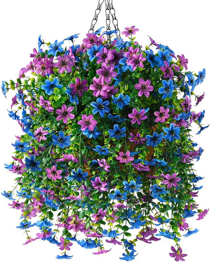 INQCMY Artificial Faux Hanging Flowers Plants Basket for Outdoor Outside Spring Decoration,UV Resistant Fake Silk Daisy in Planter Resistant Look Real for Home Porch Balcony Patio Yard Decor
