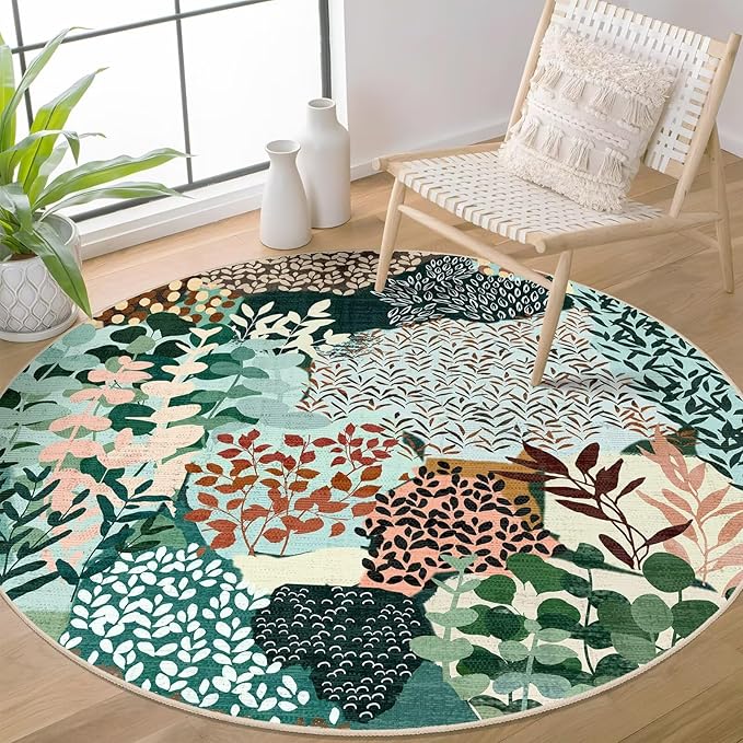 DEXDE Round Rug 6ft Washable Circle Area Rugs, Non Slip Low Pile Boho Floral Large Circular Carpet for Bedroom Bathroom Entryway Kids Room Office Dining Room, Dark Green