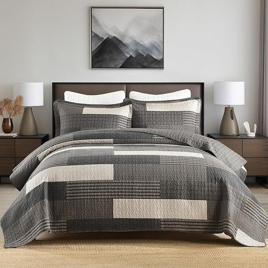 100% Cotton Quilt Set Queen Size - Plaid Quilted Comforter, Patchwork Striped Queen Quilt Bedspread, Modern Farmhouse Lightweight Bedding for Queen Bed, 3pcs, Charcoal/Gray/Taupe/Beige