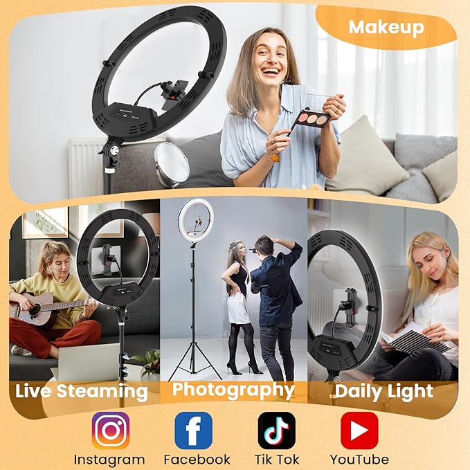 18" Large Ring Light with Stand, Upgraded Foldable LED Big Ringlight with 75" Tripod & Wheel Tray for Live Tattoo Makeup Video Recording Barber Photography