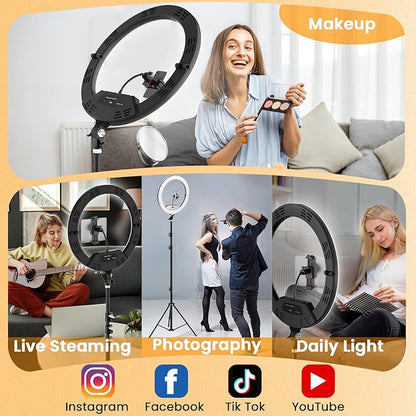 18" Large Ring Light with Stand, Upgraded Foldable LED Big Ringlight with 75" Tripod & Wheel Tray for Live Tattoo Makeup Video Recording Barber Photography