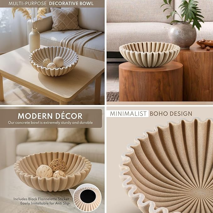 12" Extra Large Decorative Bowl – Decorative Fruit Bowl for Kitchen Counter, Modern Handmade Bowls for Home Decor, Ruffle Decor, Stylish Key Bowl for Entryway Table, Beige Artificial Stone