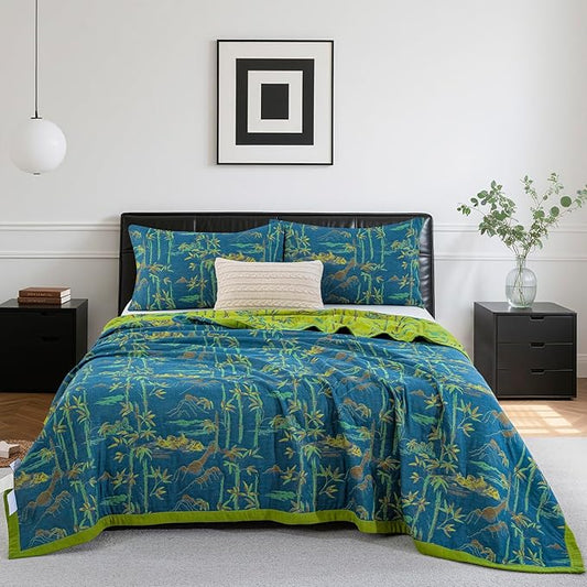 100% Cotton Muslin Jacquard 3 Piece Quilt Set Botanical Bamboo Leaf Print, Soft 3 Layers Gauze Bed Cover Reversible Bedspread Coverlet Breathable Lightweight Bedding Set, King