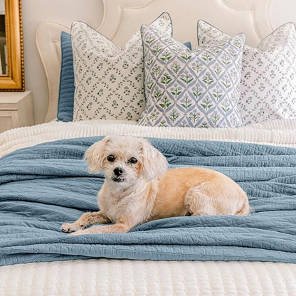 EVERGRACE x Kinsey Walsh Cross Stitch Pre-Washed Cotton Quilt Bedding Set Queen Size, Oversized 3 Pieces Lightweight Bedspread Coverlet for All Season, with 2 Matching Shams, Dusty Blue, 92"x96"