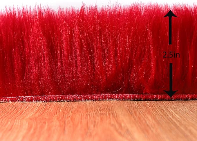 Faux Fur Rug 2 x 6 ft Red Shaggy Sheepskin Machine Washable Fuzzy Area Rug Super Soft Fluffy Plush Carpet for Bedroom Living Room Floor Nursery Kids Room Runner Bedside Rug