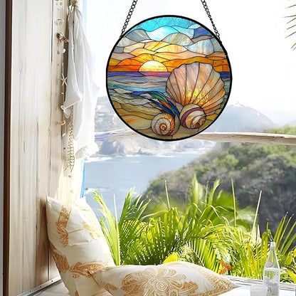 Stained Glass Window Hanging - Colorful Beach Shells Conch Sun Catcher for Door Home Decor Ocean Suncatcher Christmas Mother's Day Birthday Sea Lover Gifts for Women Men Mom Nana 6.3 in