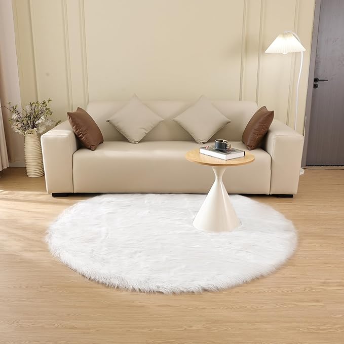 White Small Circle Fluffy Rugs for Bedroom Washable Faux Sheepskin Shaggy Fur Area Rugs for Living Room Round Rug 4ft Nursery Rug
