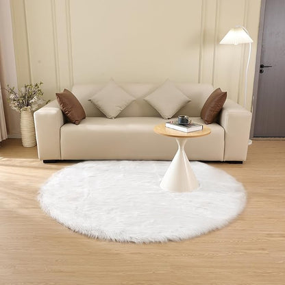 White Small Circle Fluffy Rugs for Bedroom Washable Faux Sheepskin Shaggy Fur Area Rugs for Living Room Round Rug 4ft Nursery Rug