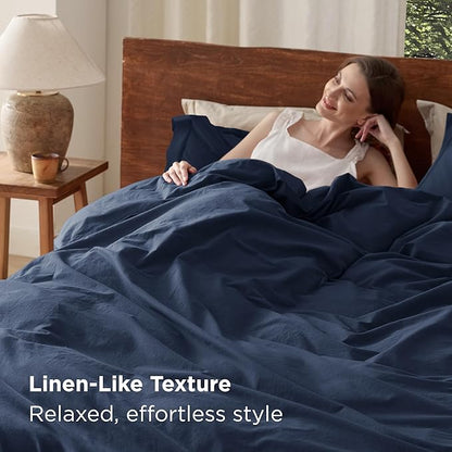 Bedsure 100% Washed Cotton Duvet Cover Queen Size - Navy Minimalist Cotton Duvet Cover Linen Like for All Seasons - GentleSoft™ Plain Simple Bedding (Navy, Queen, 90"x90")