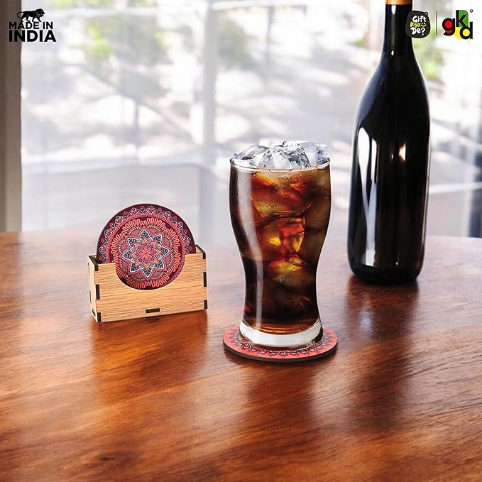 Coaster Set of 6 Fine Mandala Art Wooden Coasters with Proper Coaster Stand Set Fit for Tea Cups, Coffee Mugs and Glasses (3.5 X 3.5 Inch, Fine Mandala Design) Rangoli