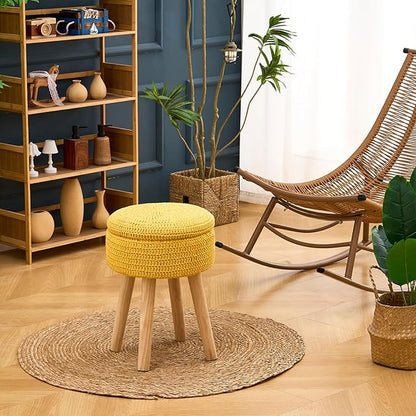 Wimarsbon Pouf Ottoman, 100% Cotton Knitted Boho Footstool, Round Footrest with Non-Skid Wood Legs, Home Décor Handmade Pouffe, Leisure Floor Step Stool for Living Room (High Storage Yellow)