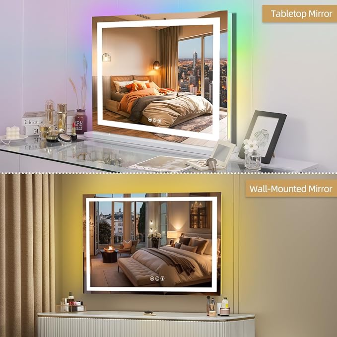 FENCHILIN Vanity Mirror with Lights, 32" x 23" RGB Backlit + Front Lit Large Hollywood Makeup Vanity Mirror LED Strip with 3 Colors Modes Smart Touch for Dressing Room & Bedroom White