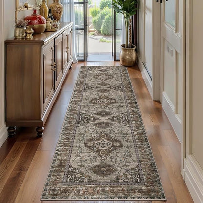 Tangsoo 2.6x10 Washable Hallway Runner Rug, Non Slip Vintage Runner Rug for Hallways, Soft Low Pile Long Rug Runner, Print Distressed Carpet Runners for Kitchen Bedroom Entryway Living Room Grey