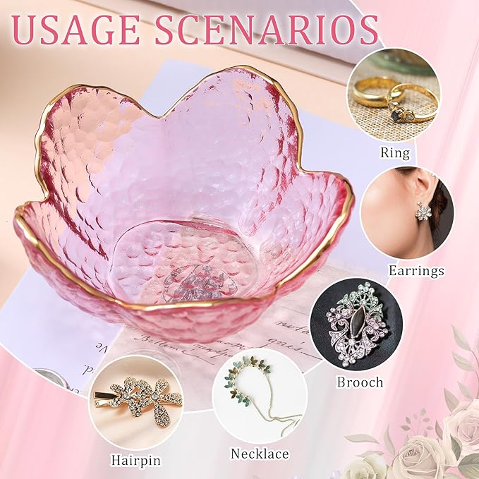 Quelay 8 Set Flower Ring Dish Jewelry Tray with Box and Greeting Card, Small Glass Trinket Tray for Rings Earrings Jewelry Room Decor Gifts for Women Mom Wife Daughter (Purple)