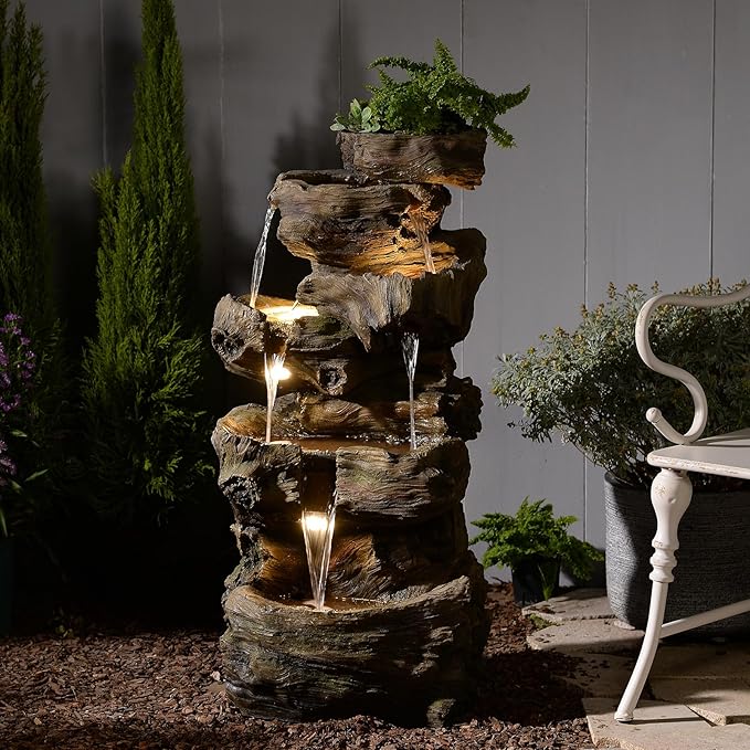 40" H Outdoor Water Fountain with 5 Tiers Large Cascading Realistic Tree Trunk Waterfall Fountains with LED Lights Outdoor Water Fountain for Garden Patio Backyard Porch Home Decor