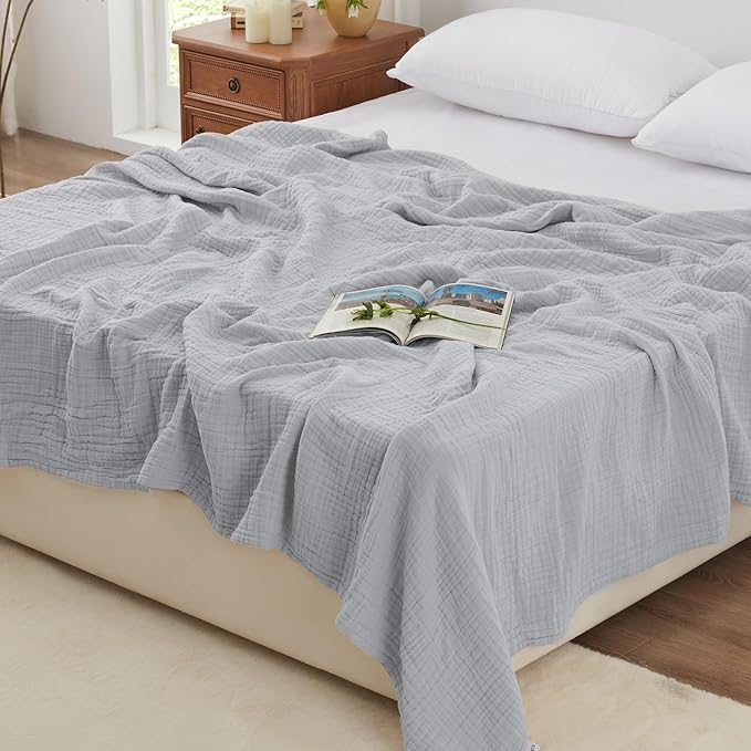 Love's cabin 6 Layer 100% Cotton Muslin Blanket, 90"x90" Muslin Blanket Queen for Couch Bed, Lightweight and Breathable Cotton Gauze for Adult, Light Grey