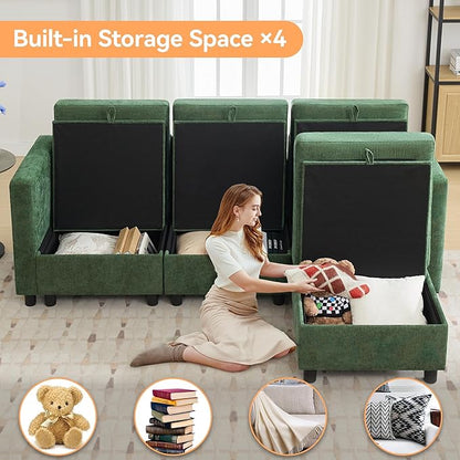 83' Modular Sectional Sofa Convertible L Shaped Couch Set for Living Room, 4 Seat Storage Modular Sofa with Movable Ottoman, Chenille Dark Green