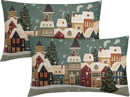 Christmas Snoflake Pillow Covers 12x20 Set of 2 Green House Throw Pillow Covers Winter Pillowcase Linen Decoration Farmhouse Cozy Soft Cushion Case Couch for Indoor Outdoor Home Decor