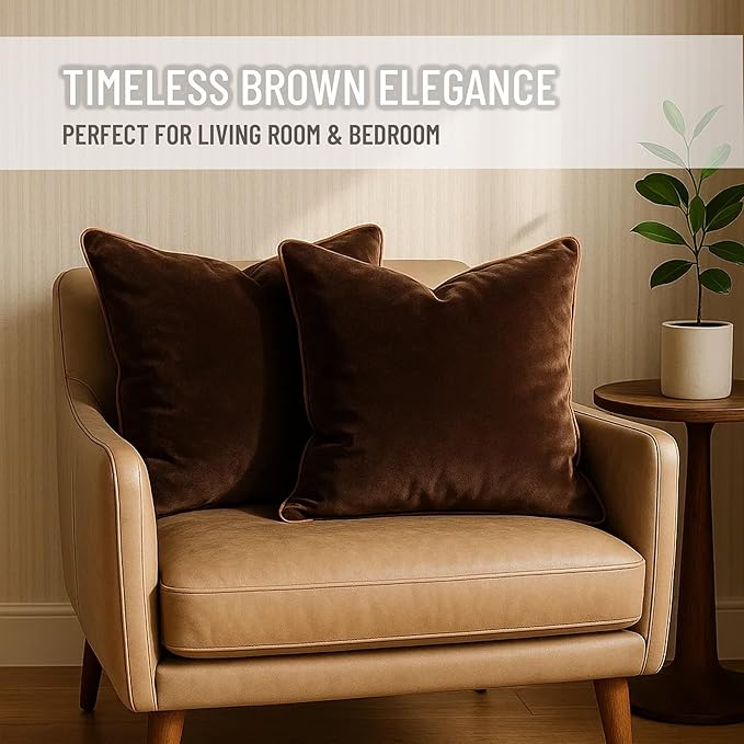 2 Pack Velvet Decorative Throw Pillow Covers, 18"x18", Brown and Camel, Solid, Modern, Contrast Piping, Indoor Use, Bedroom & Living Room