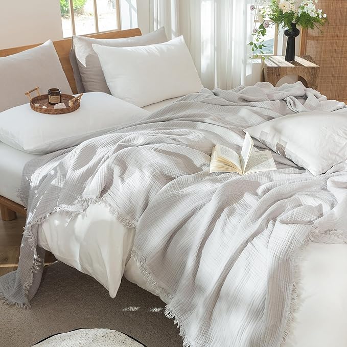 MooMee Muslin Blanket - 100% Cotton 4-Layer Gauze Throw Blanket with All-Around Fringe, Ultra-Soft Breathable Lightweight Cooling Decorative for Bed, Sofa & Couch (Light Grey,Twin XL 66" x 90")