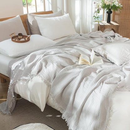 MooMee Muslin Blanket - 100% Cotton 4-Layer Gauze Throw Blanket with All-Around Fringe, Ultra-Soft Breathable Lightweight Cooling Decorative for Bed, Sofa & Couch (Light Grey,Throw XL 50" x 70")