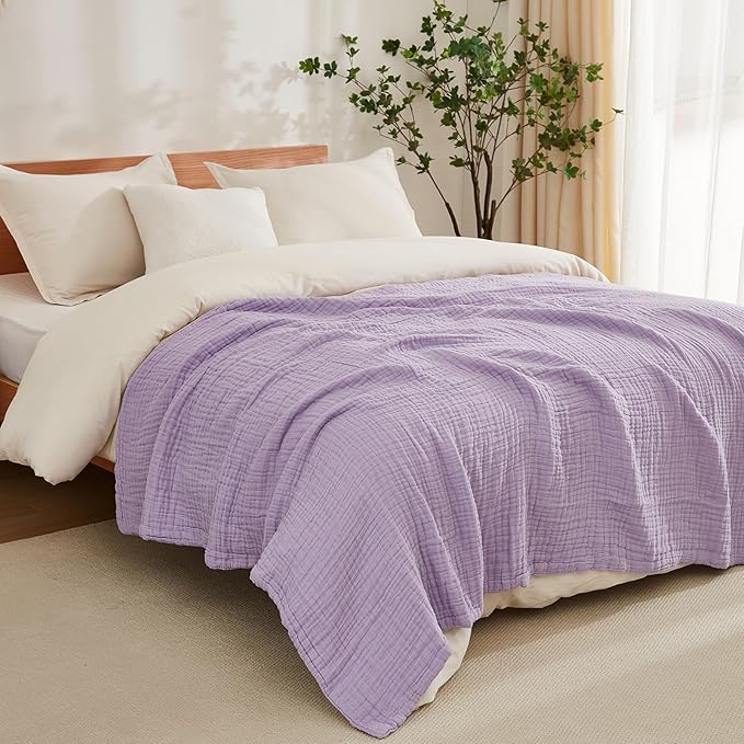 EMME Cotton Muslin King Blanket Big Oversized Bed Layering Bedspread Coverlet Breathable Gauze Soft Lightweight Blankets (Lavender, 120"x94")