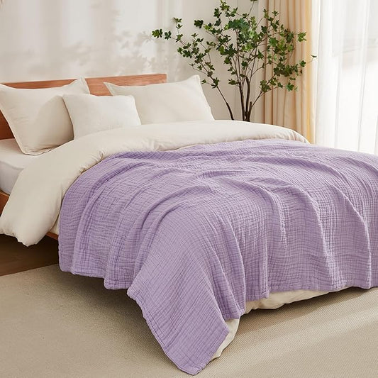 EMME Cotton Muslin King Blanket Big Oversized Bed Layering Bedspread Coverlet Breathable Gauze Soft Lightweight Blankets (Lavender, 120"x94")