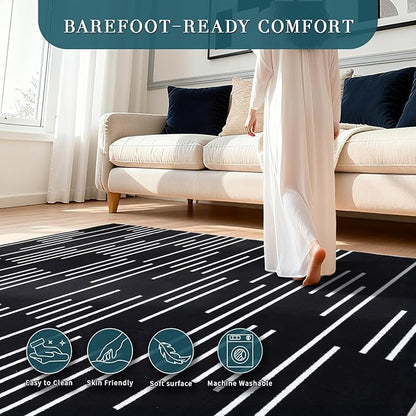 YIHOUSE Abstract Washable Rug 8x10,Ultra Thin Non Slip Black Rugs for Living Room,Modern Minimalist White Stripe Rugs for Bedroom,Dining Room Office Playroom (8'x10',Black-3)