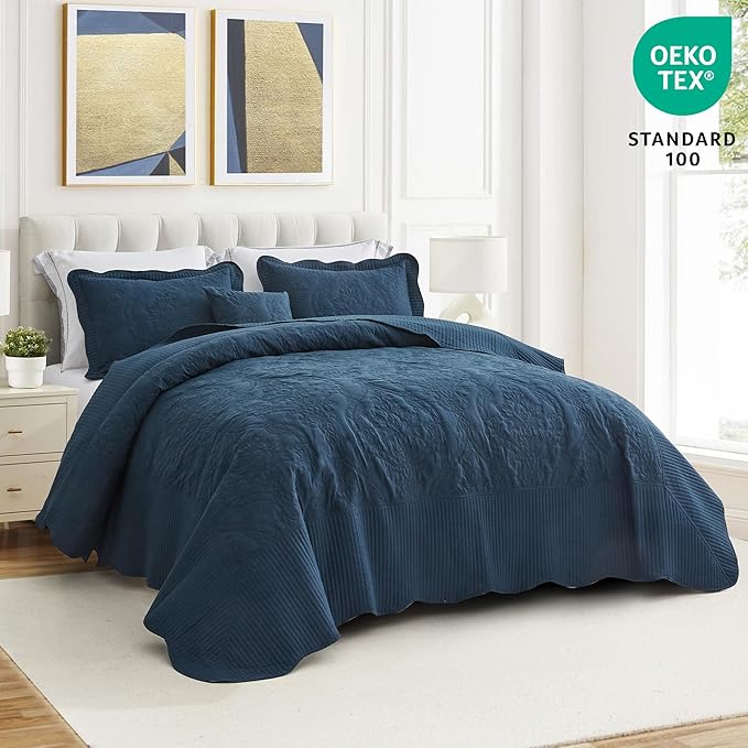 CHIXIN Bedspread Coverlet Quilt Set Full Size - Lightweight Bedding Cover - Beautiful Stitching - 5 Piece Reversible Bedspread - Gorgeous Damask Paisley Pattern (Full, Navy)