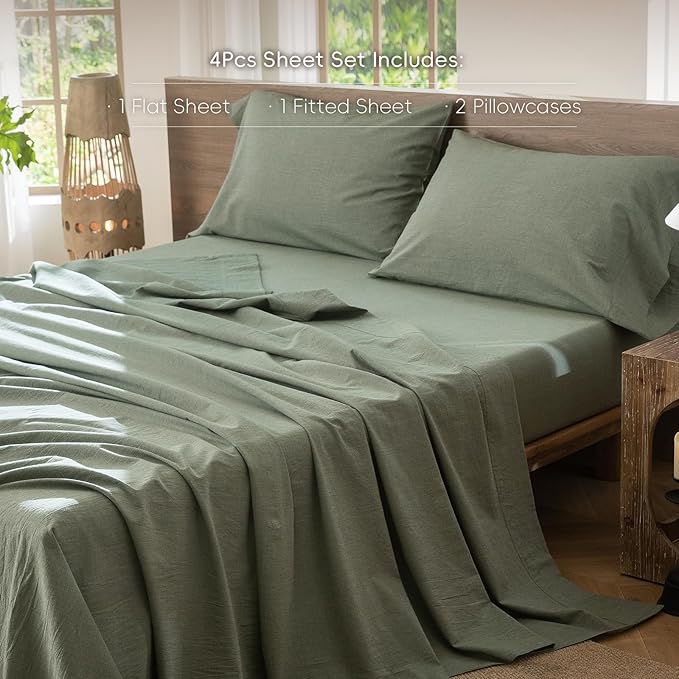MooMee Bedding Sheet Set 100% Washed Cotton Linen Like Textured Breathable Durable Soft Comfy (Heathered Green, Full)