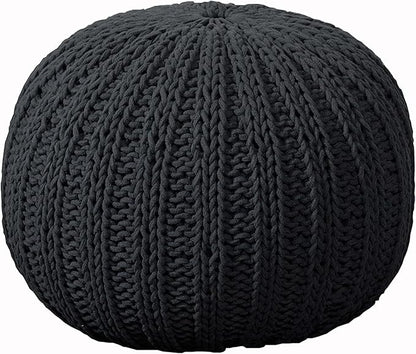 LR Home Black Cableknit Cotton Round Ottoman for Home Decor | Hand-Made Casual Foot Rest for Bedroom & Living Room Decor | 20 x 20 x 16 Stuffed Pouf for Seating