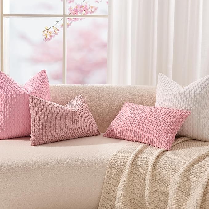 Kevin Textile Valentines Day Decorative Pillow Covers Set of 2 Striped Plush Corduroy Pillows Pillowcases Boho Home Decor Cushion Covers for Couch Sofa Bed Living Room 20x20 Inch, Pink