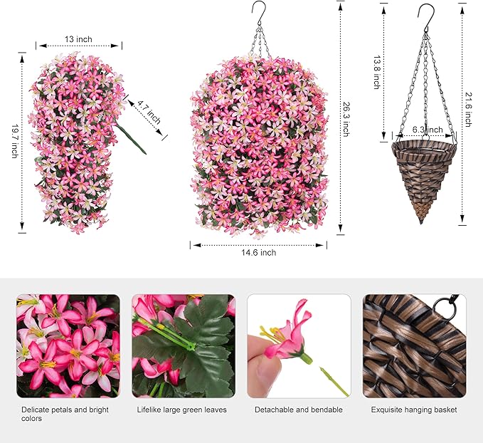Artificial Flowers Plants for Outdoor with Basket, 4PCS Silk Hanging Faux Flowers Long Trailing Vines for Outside Home Porch Patio Decoration, Pink & Light Pink