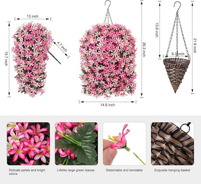 Artificial Flowers Plants for Outdoor with Basket, 4PCS Silk Hanging Faux Flowers Long Trailing Vines for Outside Home Porch Patio Decoration, Pink & Light Pink