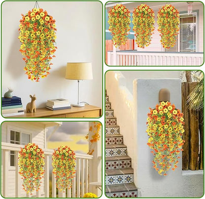 Artificial Fake Hanging Flowers Plants for Outdoor Fall Decoration, 4PCS UV Resistant Look Real Trailing Vines for Outside Home Planter Porch Patio Mums Autumn Decor(Orange&Yellow)